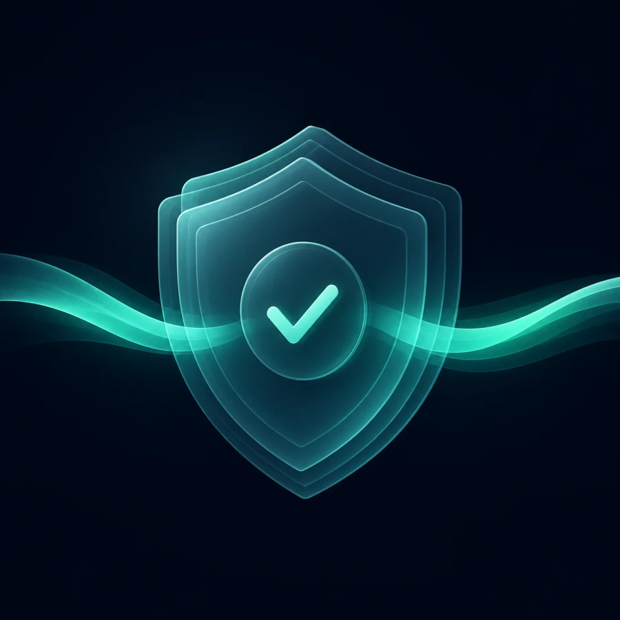 Abstract illustration of a translucent shield with a verification checkmark and a beam of light passing through it, representing a secure messaging connection.