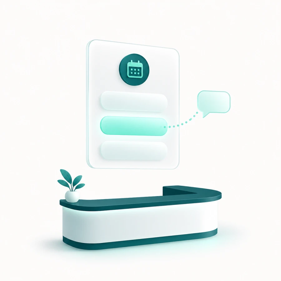 Abstract illustration of an appointment calendar with a highlighted time slot, next to a reception desk.