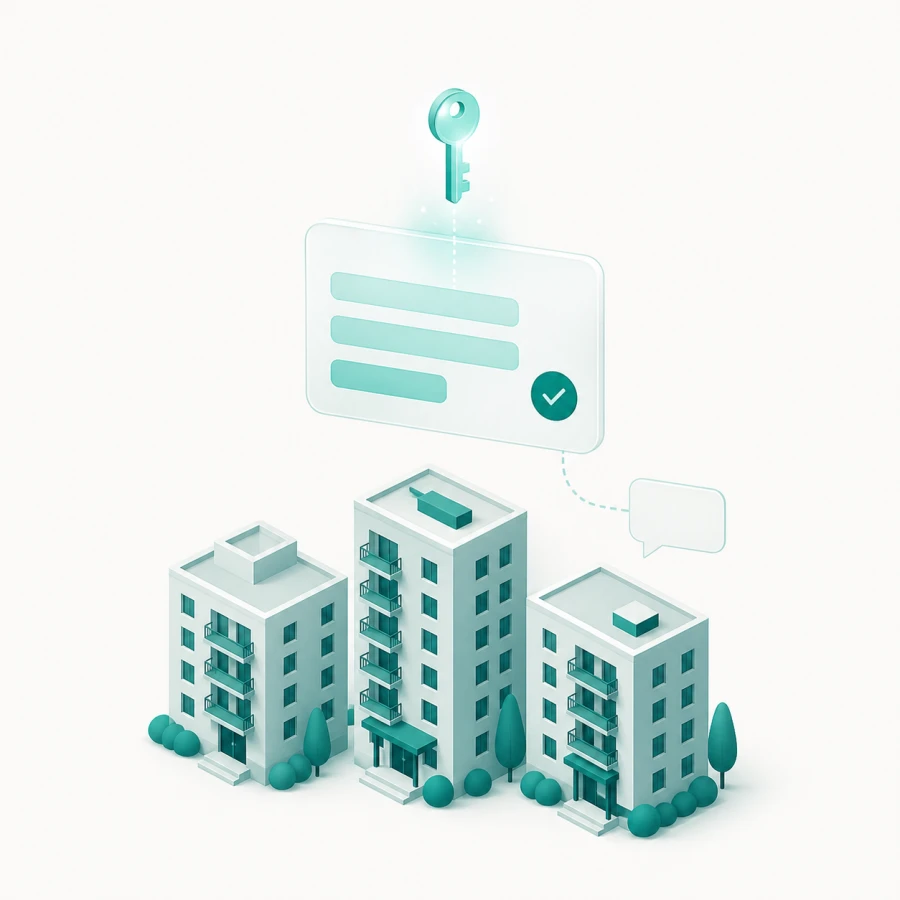Abstract illustration of apartment buildings with a contact card and a key.